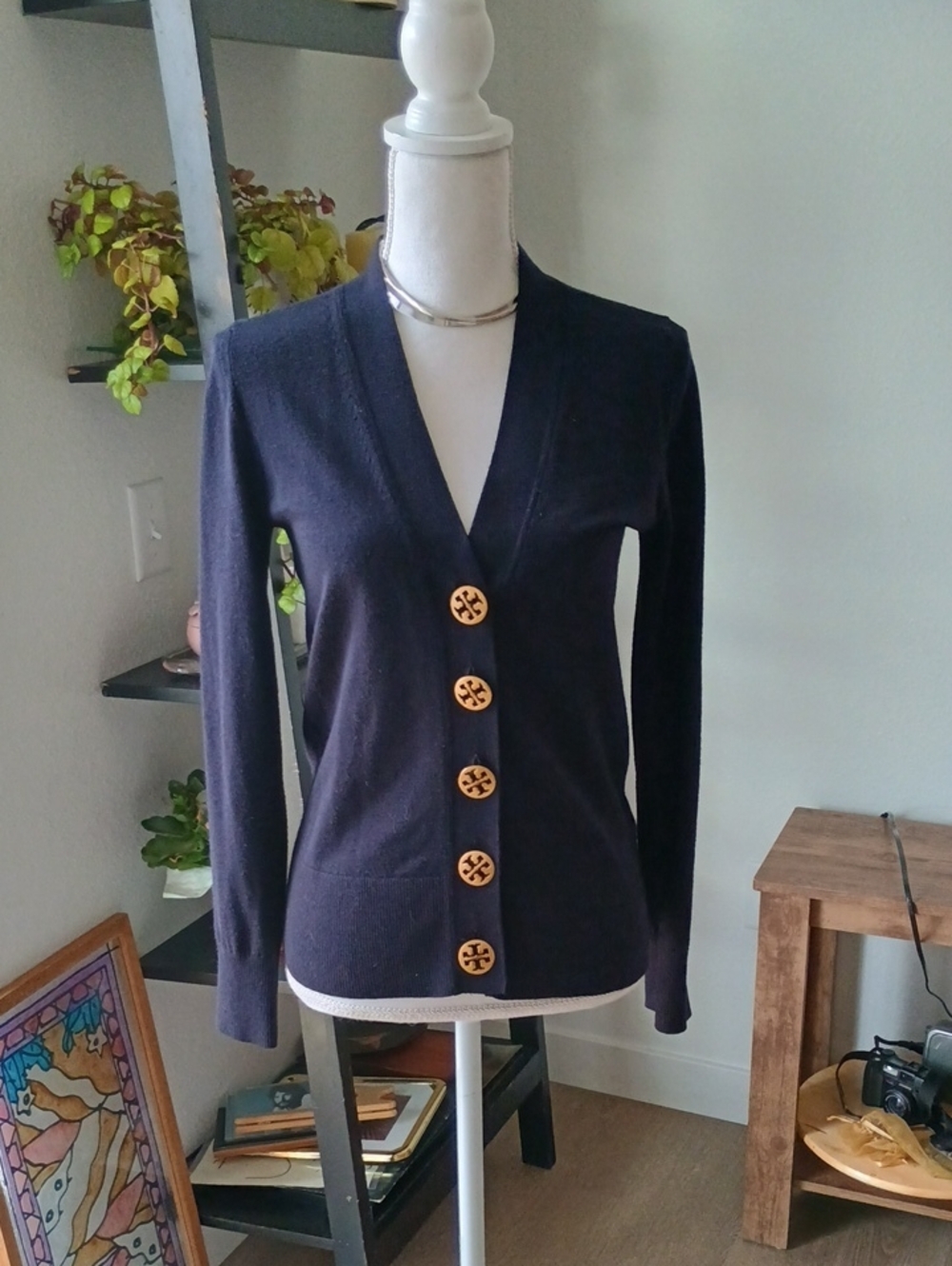 Tory Burch Black V‑Neck Cardigan with Logo Gold Buttons
